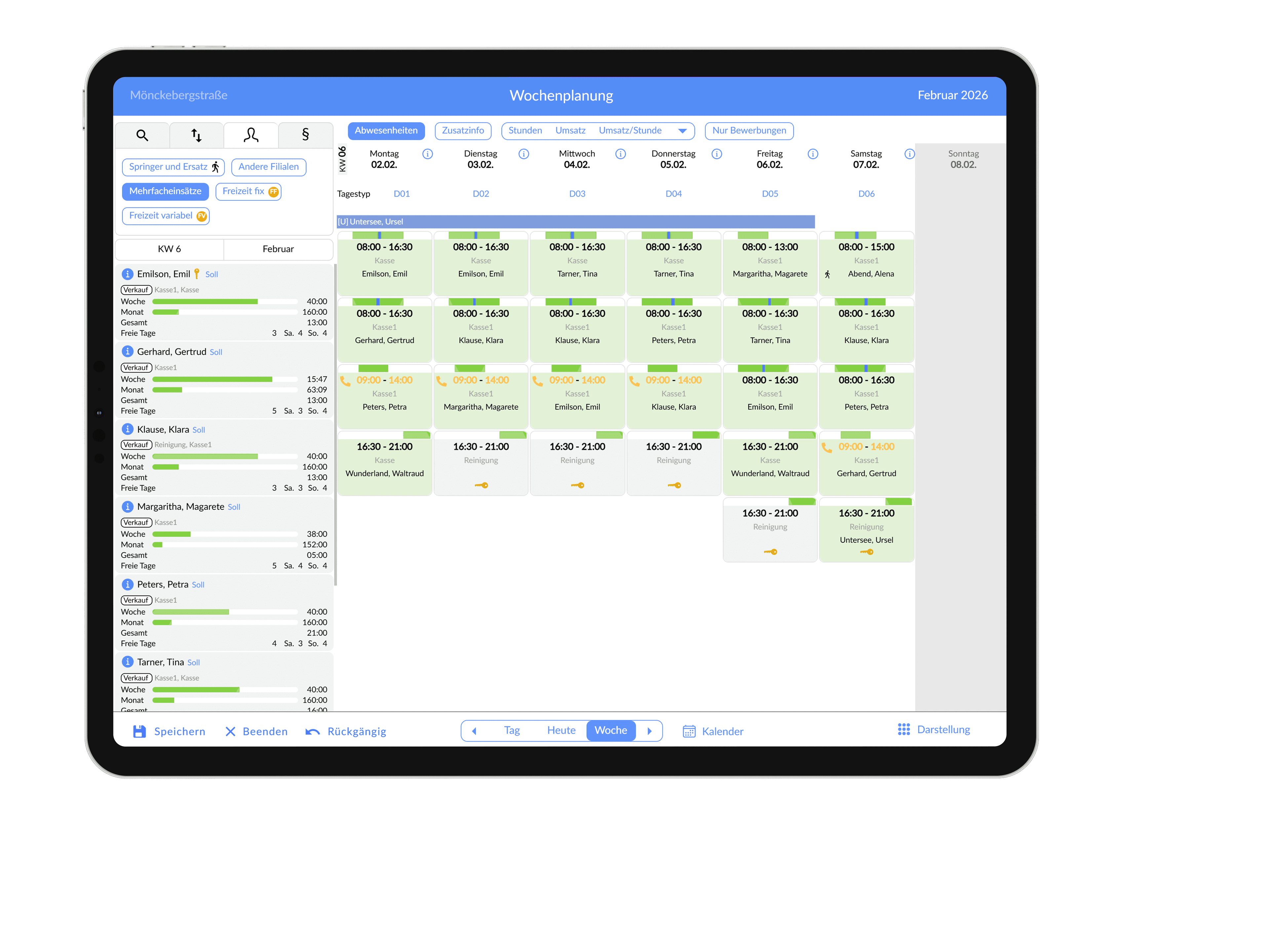 Tablet screen showing a weekly planning application with a grid of green scheduled appointments.