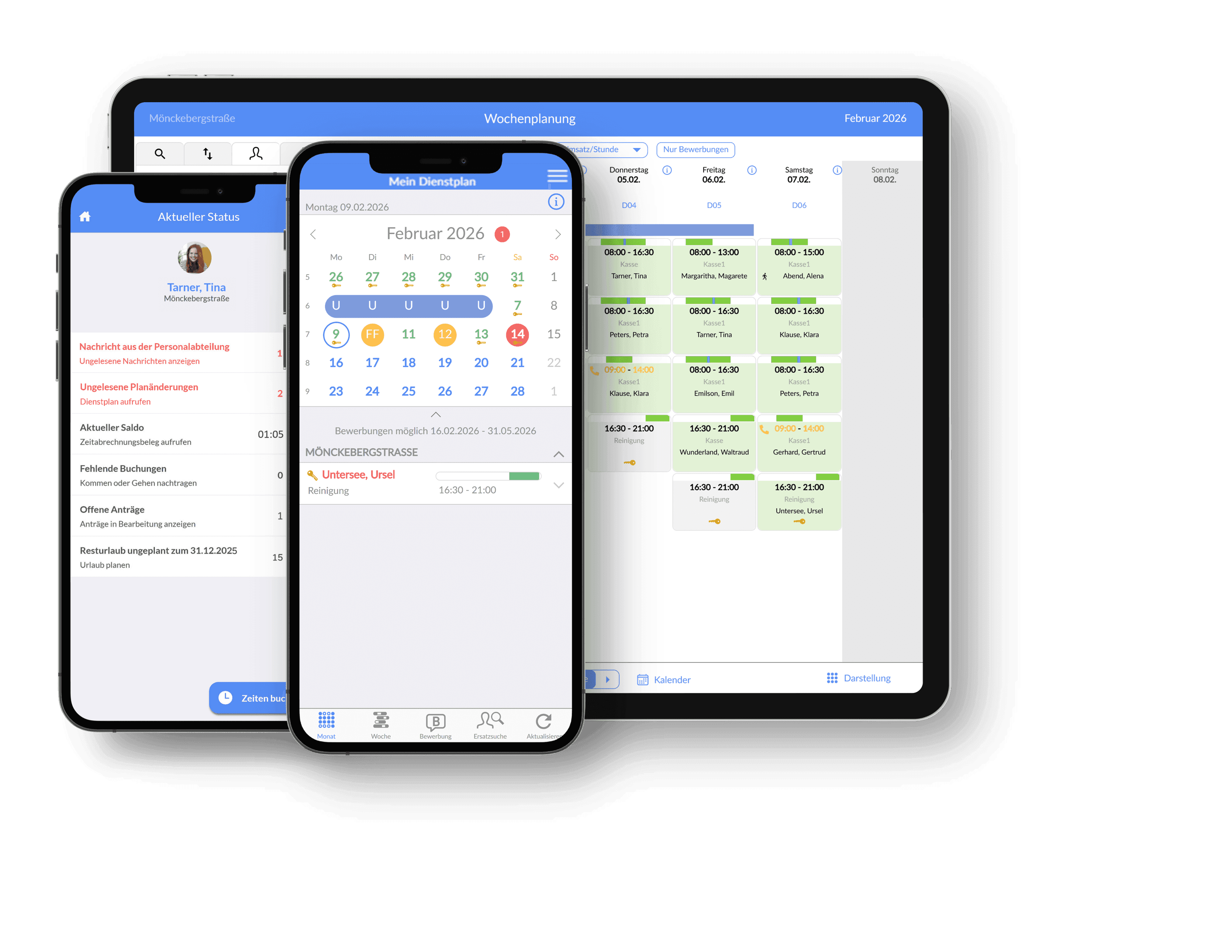 Smartphone and tablet screens showing a calendar app, profile, and appointment scheduling.