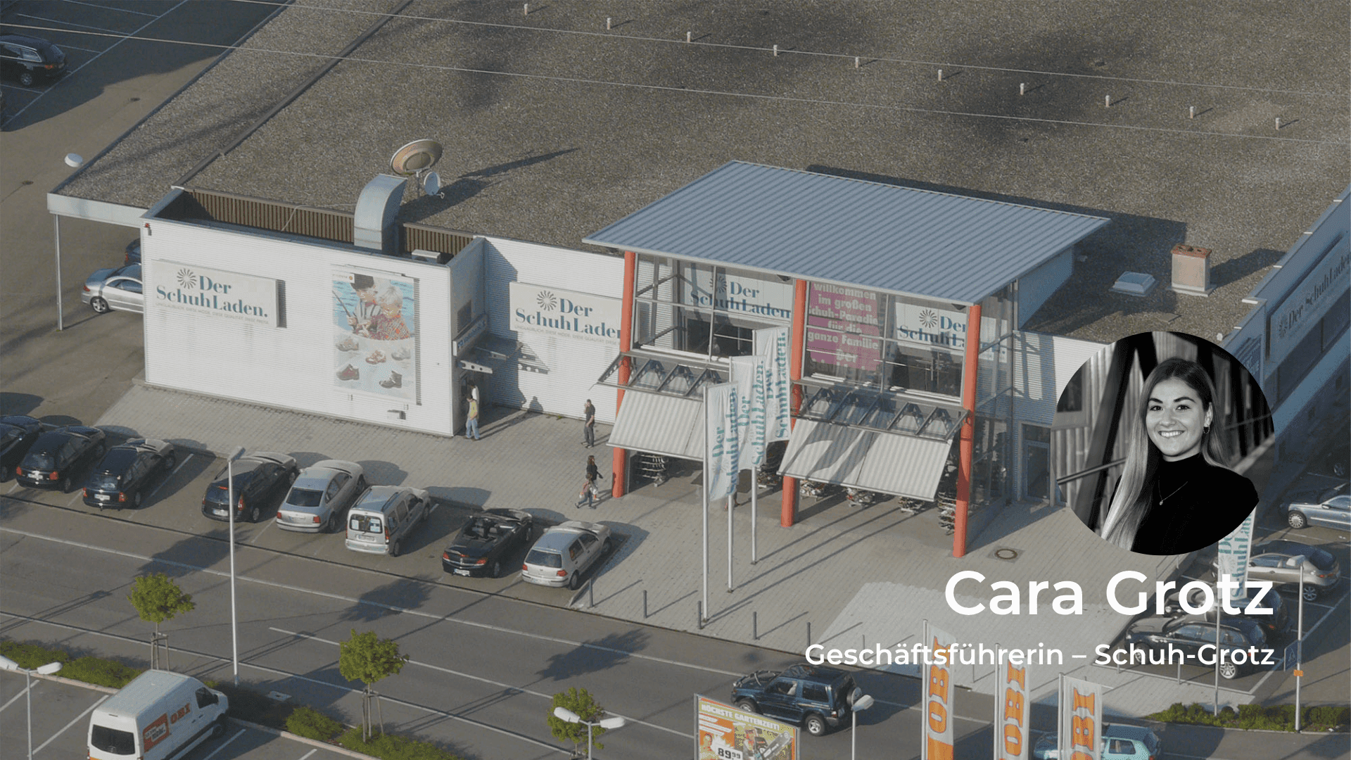 Aerial view of the Schuh Grotz store with a profile picture of Cara Grotz.