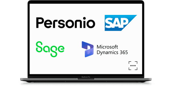 Laptop screen displays logos for Personio, SAP, Sage, and Microsoft Dynamics 365.