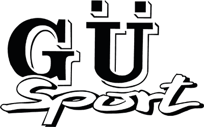 GU Sport logo in a stylized dark grey font on a black background.