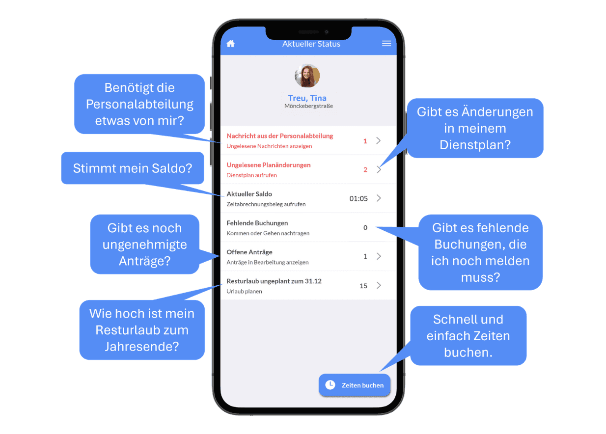 Smartphone app showing personal HR status with various employee questions about balances and requests.