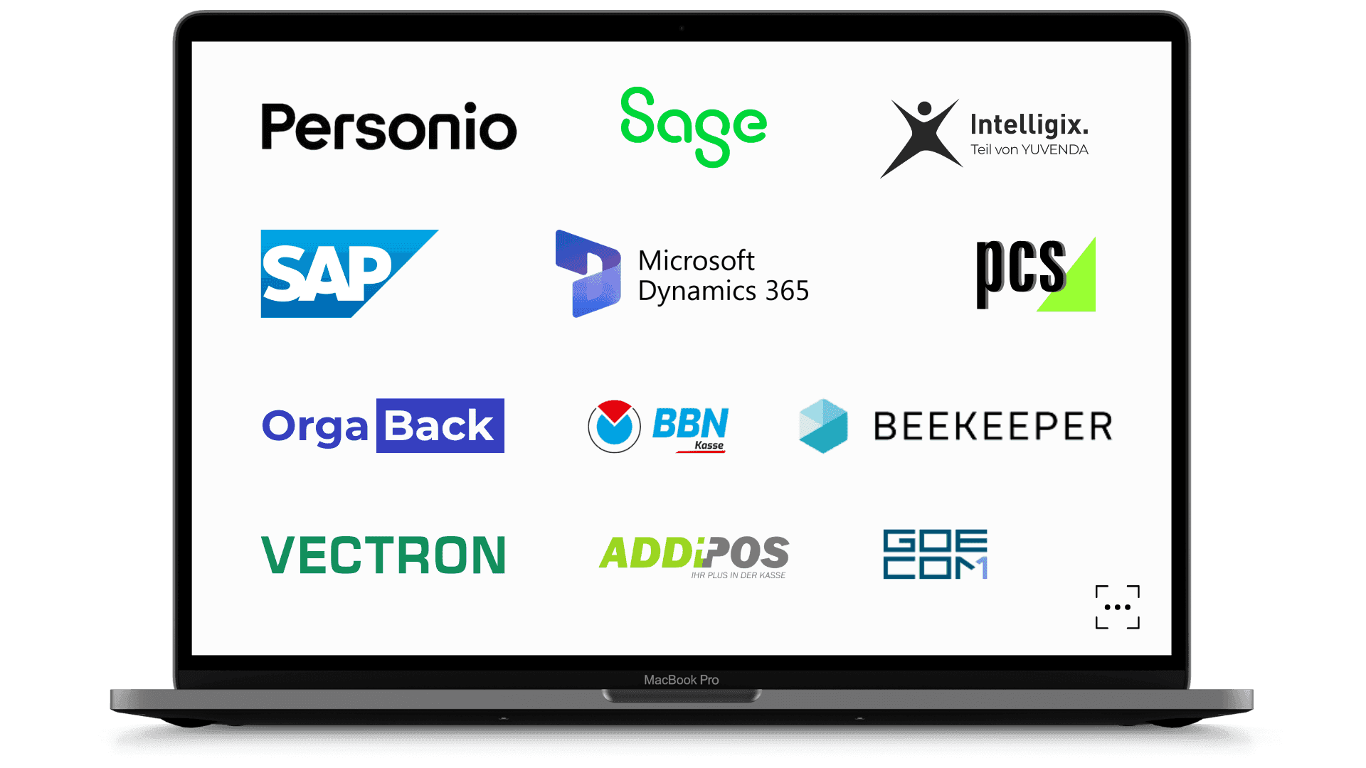 Laptop screen displaying logos for Personio, Sage, DATEV, SAP, and Microsoft Dynamics 365.