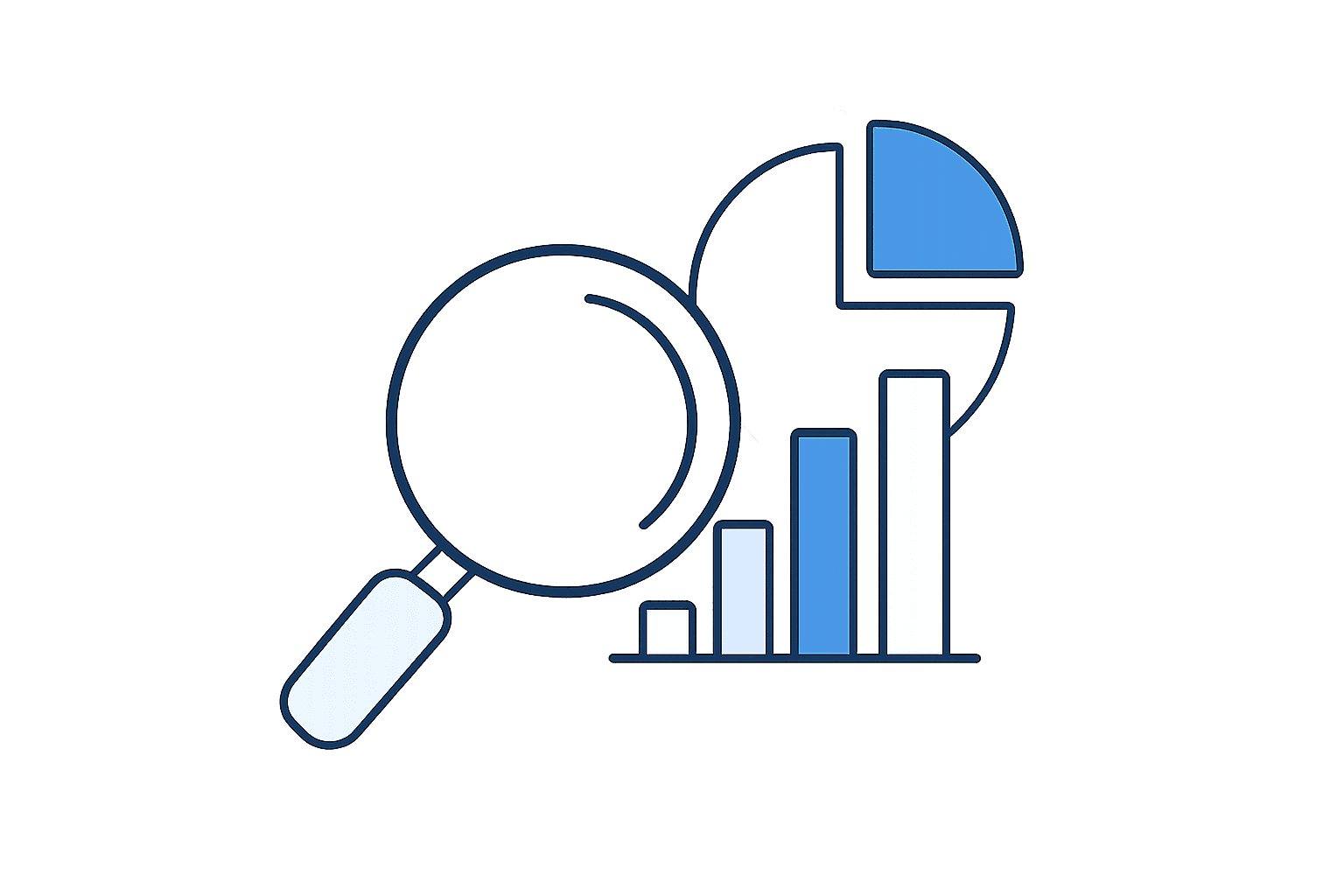 Magnifying glass examining a bar chart and a pie chart, symbolizing data analysis.