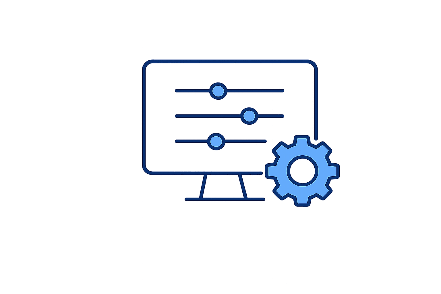 Computer monitor with three slider controls and a blue gear icon, representing settings.