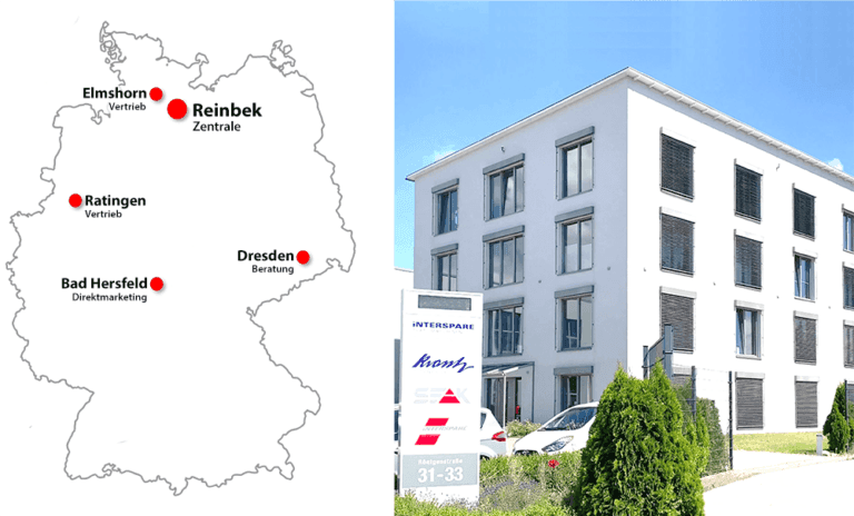 Map of Germany showing company locations and a modern white office building exterior.