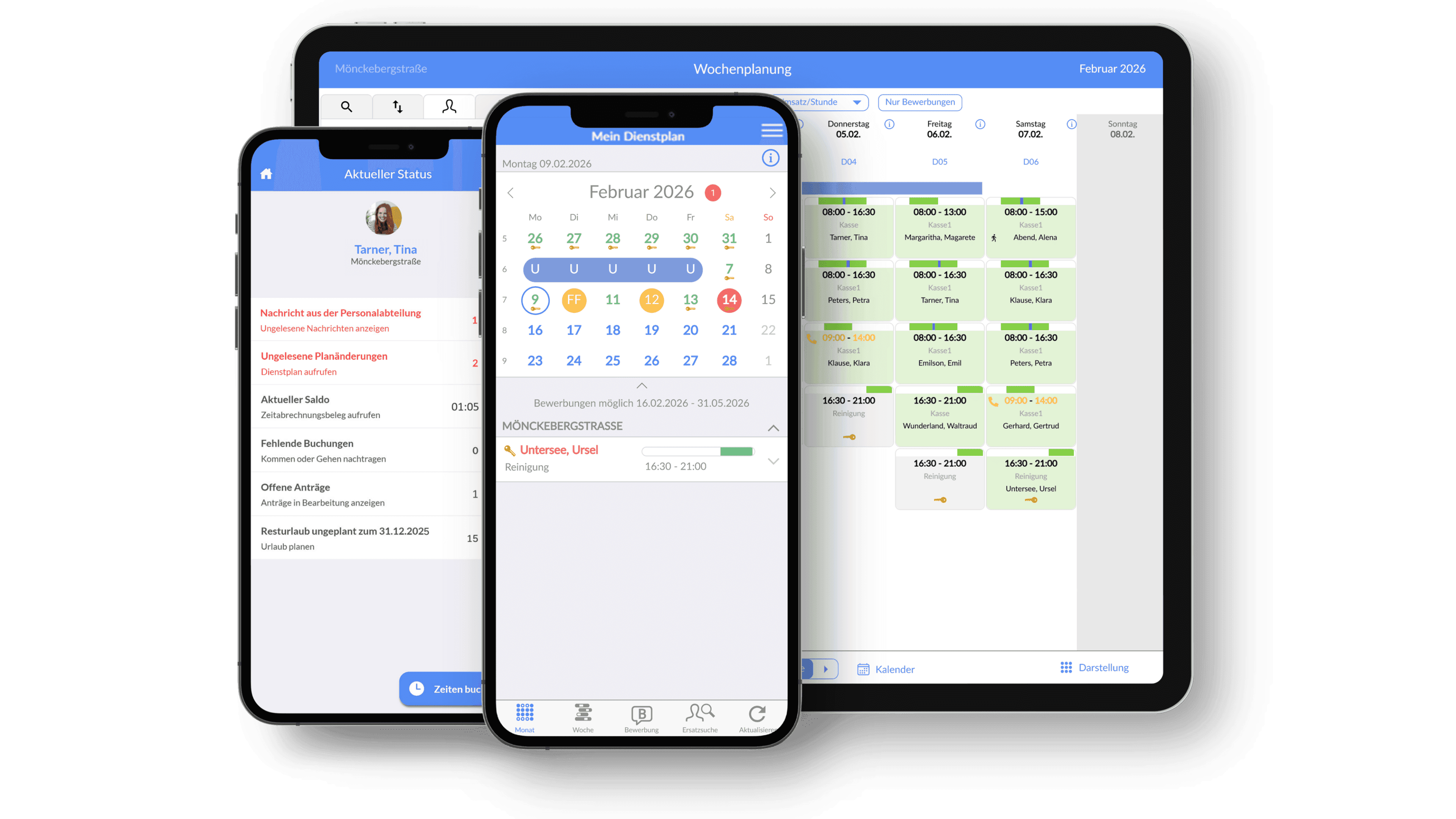 Screenshots of a digital scheduling and management application displayed on two smartphones and a tablet.