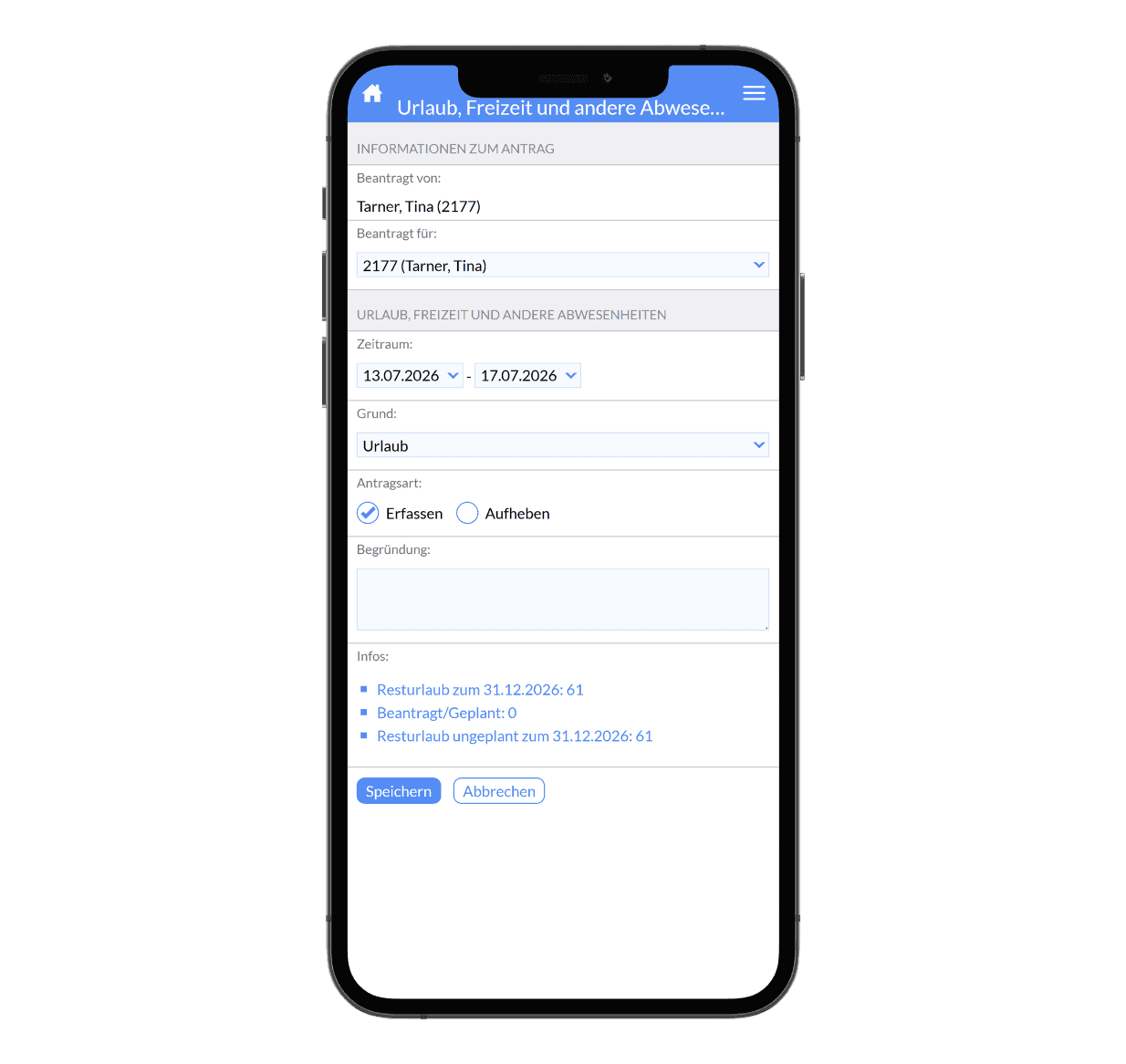 Smartphone app showing a form for managing holiday, sickness, and other employee absences.