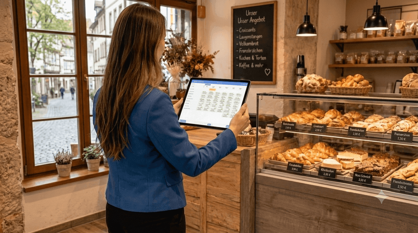 Woman in blue jacket checking inventory on a tablet in a bustling bakery.