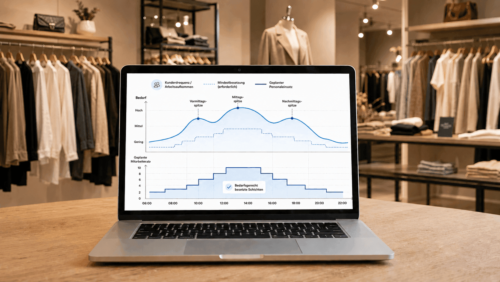 Laptop displaying retail analytics graph within a blurred clothing store environment.