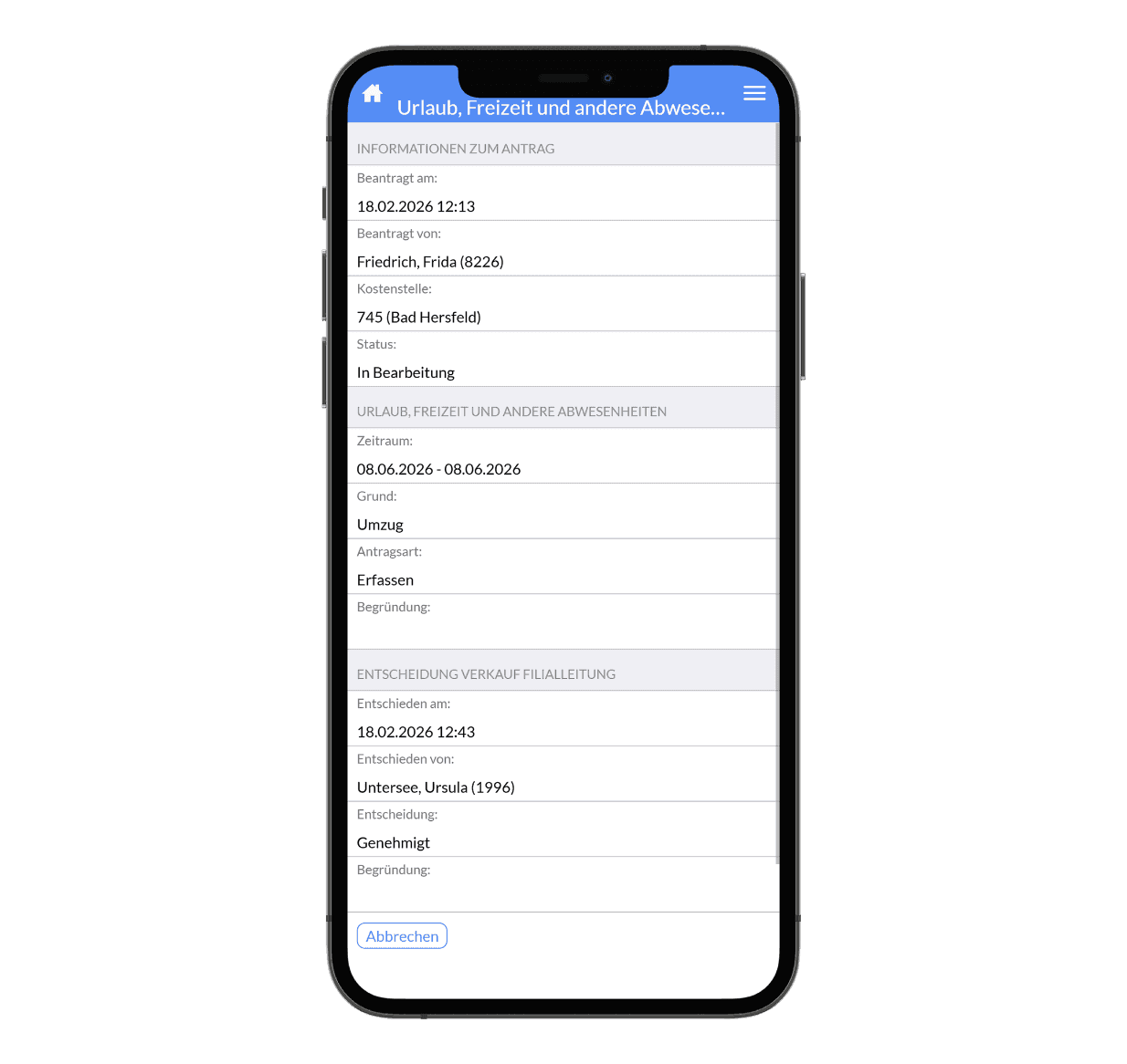 Smartphone app displaying a list of vacation, sickness, and other absences.