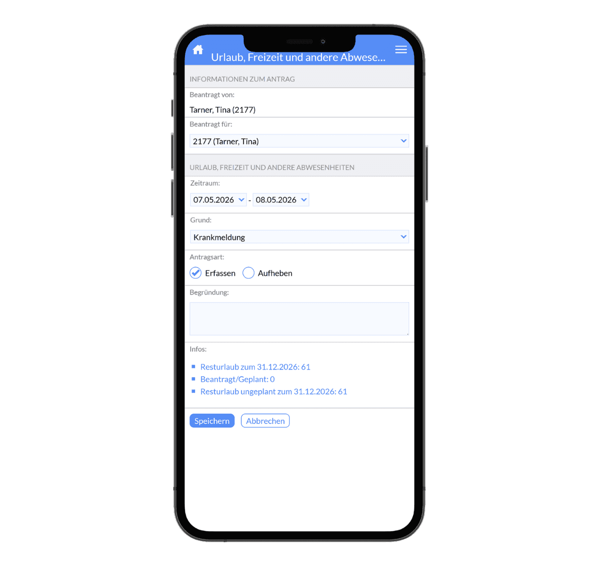 A smartphone displays a vacation request app interface with input fields and status updates.
