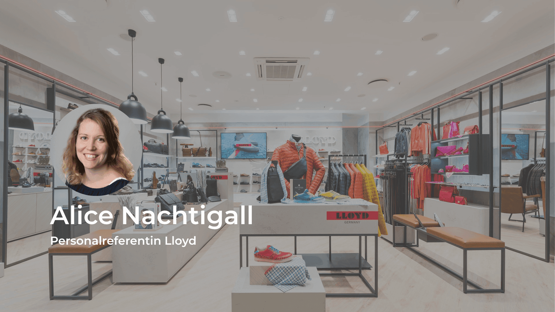 Profile picture of Alice Nachtigall, Personnel Officer at Lloyd, over a blurred retail store.