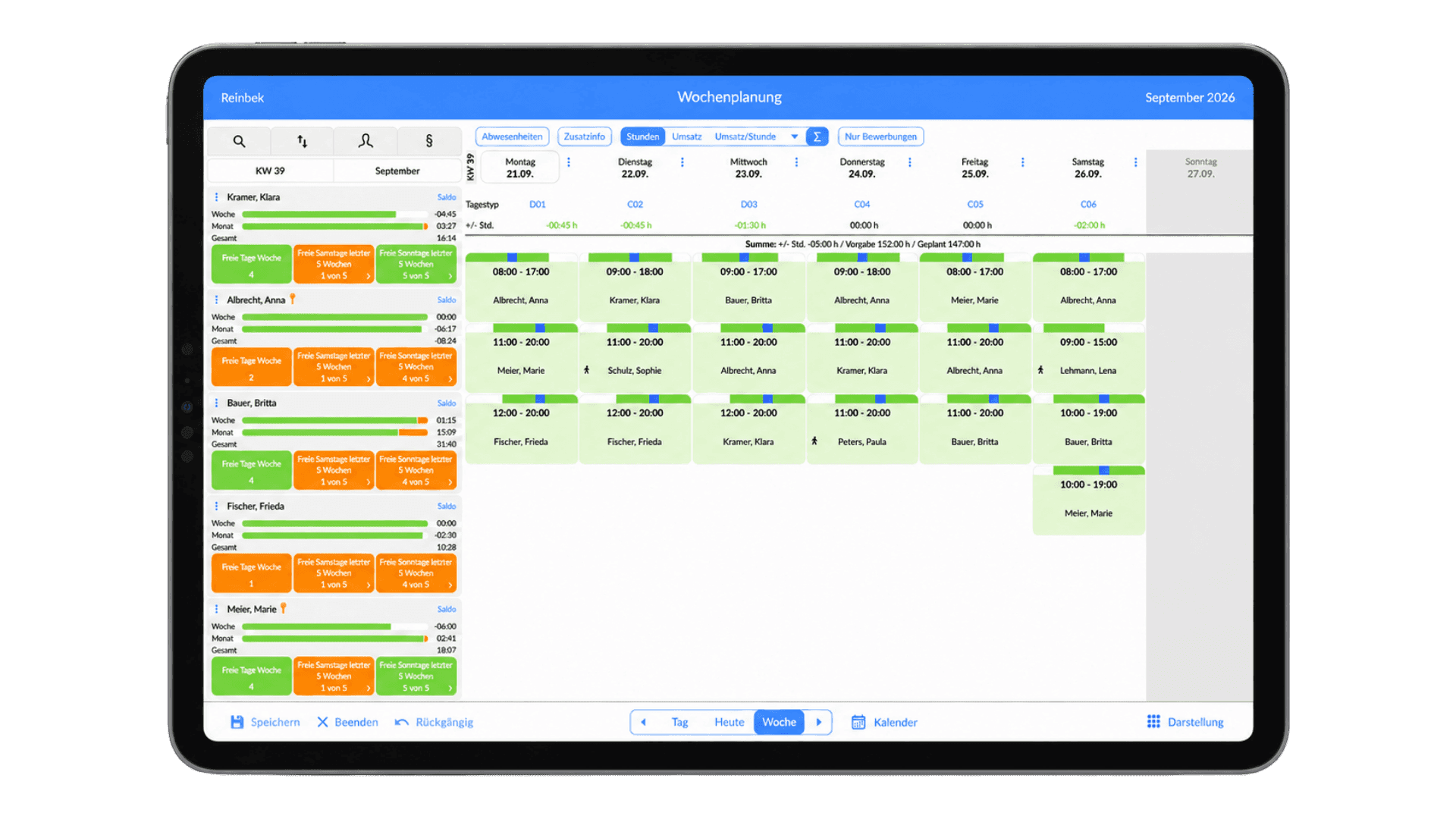 Tablet displaying a digital scheduling interface with a weekly calendar and colored time blocks.