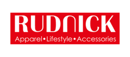 RUDNICK logo with white text on red background, featuring 'Apparel • Lifestyle • Accessories' underneath.