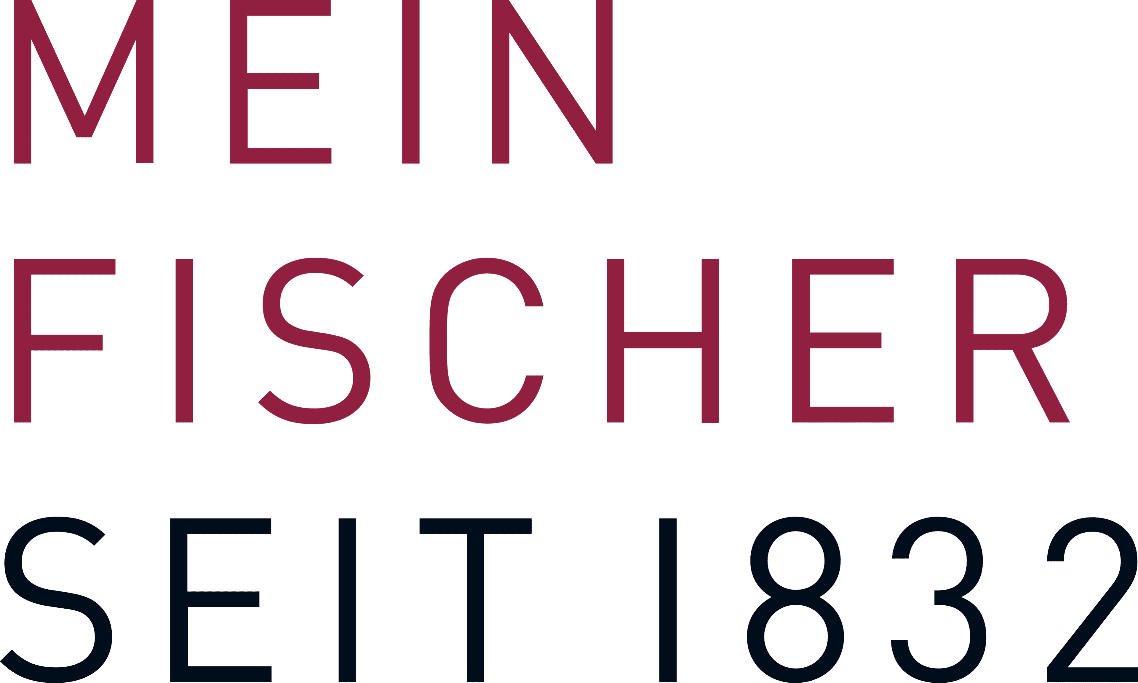 Burgundy text 'MEIN FISCHER' above smaller blue text 'SEIT 1832' on a black background.